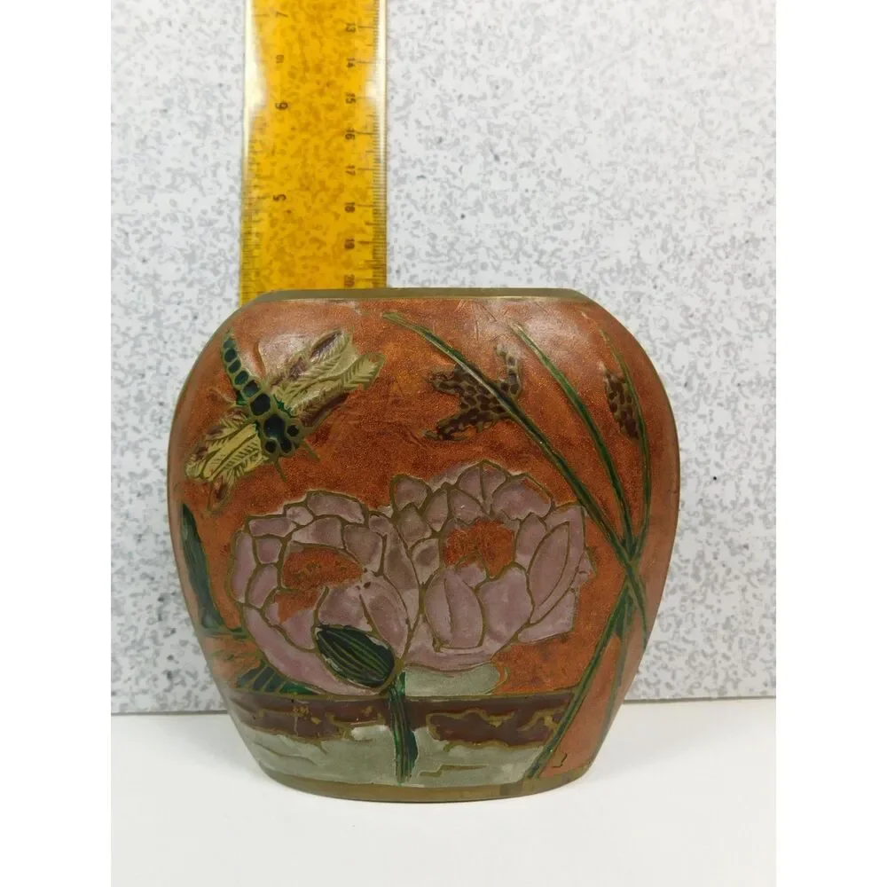 Vintage Closisonne Brass Vase Dragonfly Waterlily 4 in. Tall India